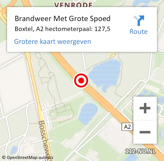 Locatie op kaart van de 112 melding: Brandweer Met Grote Spoed Naar Boxtel, A2 hectometerpaal: 127,5 op 27 oktober 2024 22:06