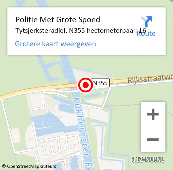 Locatie op kaart van de 112 melding: Politie Met Grote Spoed Naar Tytsjerksteradiel, N355 hectometerpaal: 16 op 27 oktober 2024 22:42