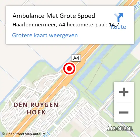 Locatie op kaart van de 112 melding: Ambulance Met Grote Spoed Naar Haarlemmermeer, A4 hectometerpaal: 14,7 op 28 oktober 2024 01:12