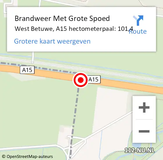 Locatie op kaart van de 112 melding: Brandweer Met Grote Spoed Naar West Betuwe, A15 hectometerpaal: 101,4 op 28 oktober 2024 01:49