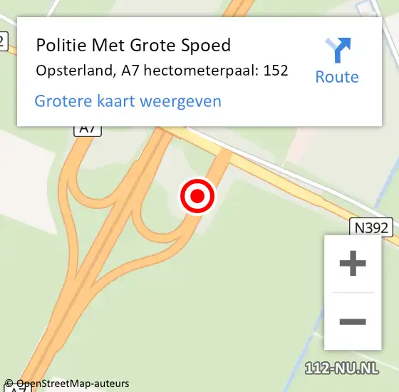 Locatie op kaart van de 112 melding: Politie Met Grote Spoed Naar Opsterland, A7 hectometerpaal: 152 op 28 oktober 2024 01:56