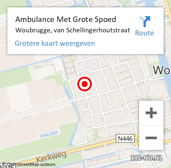 Locatie op kaart van de 112 melding: Ambulance Met Grote Spoed Naar Woubrugge, van Schellingerhoutstraat op 28 oktober 2024 02:13