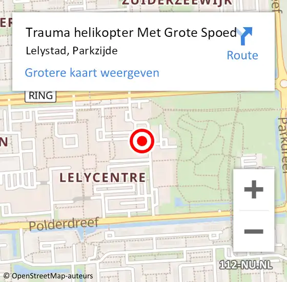 Locatie op kaart van de 112 melding: Trauma helikopter Met Grote Spoed Naar Lelystad, Parkzijde op 28 oktober 2024 04:42