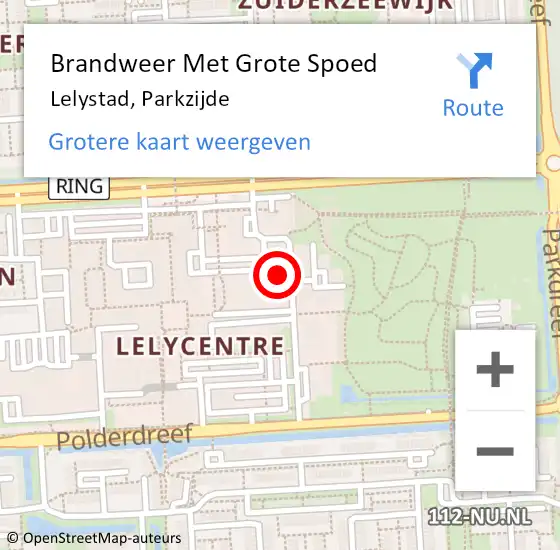 Locatie op kaart van de 112 melding: Brandweer Met Grote Spoed Naar Lelystad, Parkzijde op 28 oktober 2024 04:46