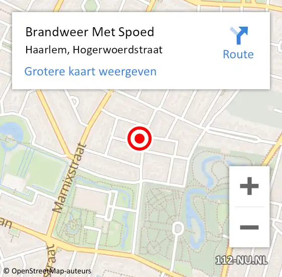 Locatie op kaart van de 112 melding: Brandweer Met Spoed Naar Haarlem, Hogerwoerdstraat op 28 oktober 2024 05:38