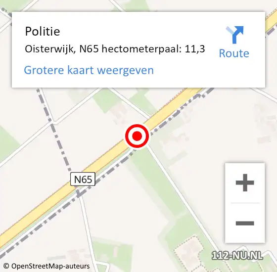 Locatie op kaart van de 112 melding: Politie Oisterwijk, N65 hectometerpaal: 11,3 op 28 oktober 2024 06:39