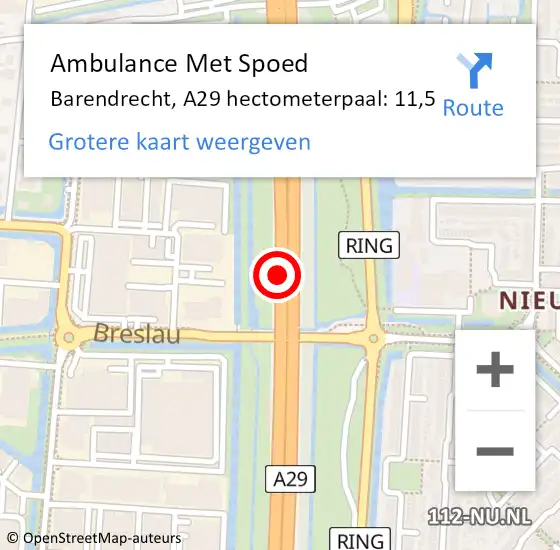 Locatie op kaart van de 112 melding: Ambulance Met Spoed Naar Barendrecht, A29 hectometerpaal: 11,5 op 28 oktober 2024 06:57