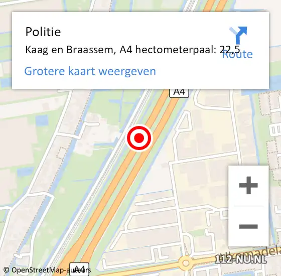 Locatie op kaart van de 112 melding: Politie Kaag en Braassem, A4 hectometerpaal: 22,5 op 28 oktober 2024 07:24