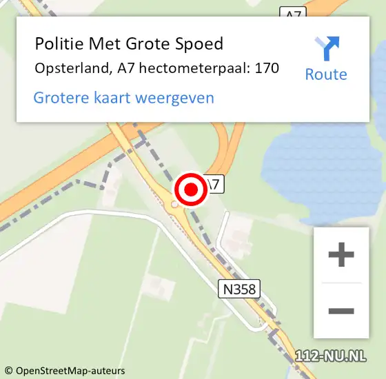 Locatie op kaart van de 112 melding: Politie Met Grote Spoed Naar Opsterland, A7 hectometerpaal: 170 op 28 oktober 2024 07:41