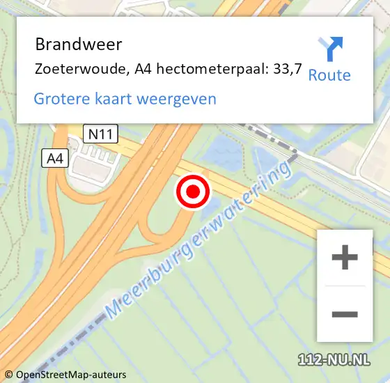 Locatie op kaart van de 112 melding: Brandweer Zoeterwoude, A4 hectometerpaal: 33,7 op 28 oktober 2024 09:49