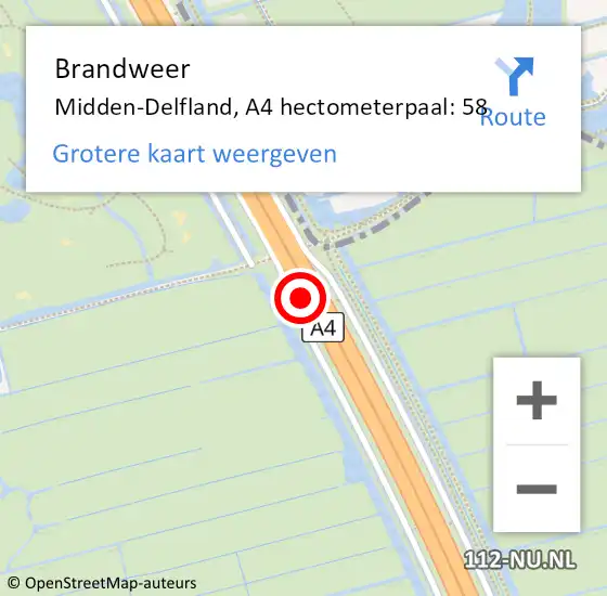 Locatie op kaart van de 112 melding: Brandweer Midden-Delfland, A4 hectometerpaal: 58 op 28 oktober 2024 10:34