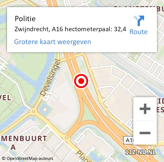 Locatie op kaart van de 112 melding: Politie Zwijndrecht, A16 hectometerpaal: 32,4 op 28 oktober 2024 10:38