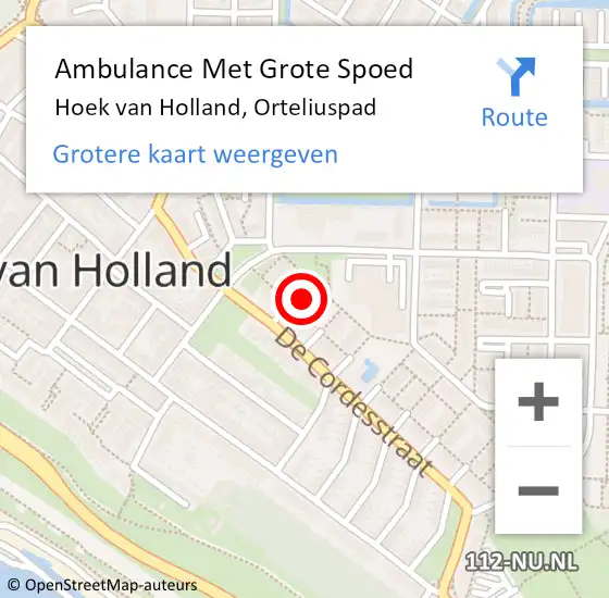 Locatie op kaart van de 112 melding: Ambulance Met Grote Spoed Naar Hoek van Holland, Orteliuspad op 28 oktober 2024 11:18