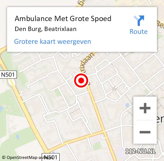 Locatie op kaart van de 112 melding: Ambulance Met Grote Spoed Naar Den Burg, Beatrixlaan op 28 oktober 2024 11:18