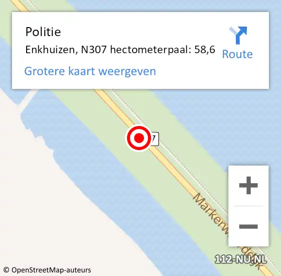 Locatie op kaart van de 112 melding: Politie Enkhuizen, N307 hectometerpaal: 58,6 op 28 oktober 2024 12:35