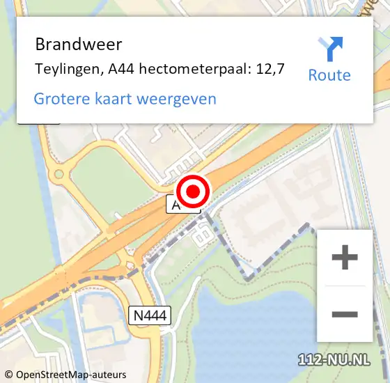 Locatie op kaart van de 112 melding: Brandweer Teylingen, A44 hectometerpaal: 12,7 op 28 oktober 2024 12:50