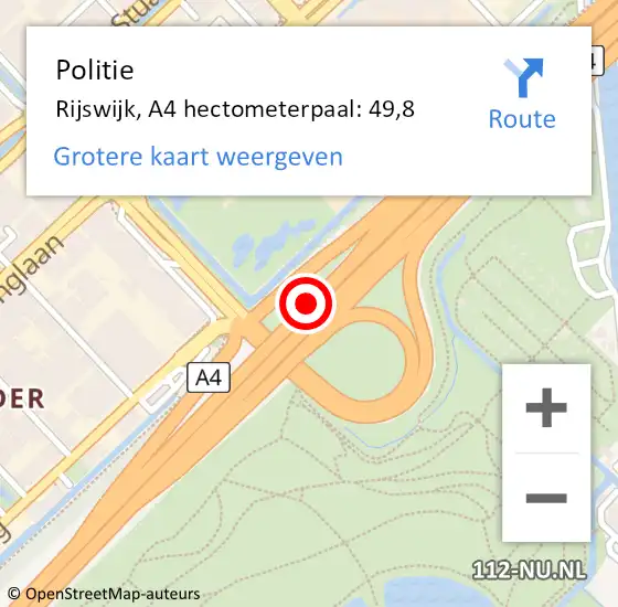 Locatie op kaart van de 112 melding: Politie Rijswijk, A4 hectometerpaal: 49,8 op 28 oktober 2024 14:38