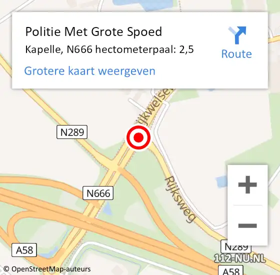 Locatie op kaart van de 112 melding: Politie Met Grote Spoed Naar Kapelle, N666 hectometerpaal: 2,5 op 28 oktober 2024 14:46