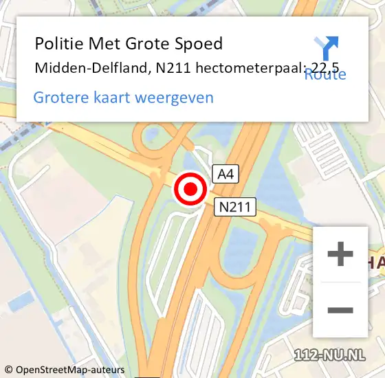 Locatie op kaart van de 112 melding: Politie Met Grote Spoed Naar Midden-Delfland, N211 hectometerpaal: 22,5 op 28 oktober 2024 14:55