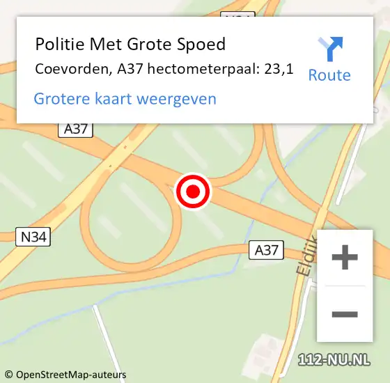 Locatie op kaart van de 112 melding: Politie Met Grote Spoed Naar Coevorden, A37 hectometerpaal: 23,1 op 28 oktober 2024 16:25