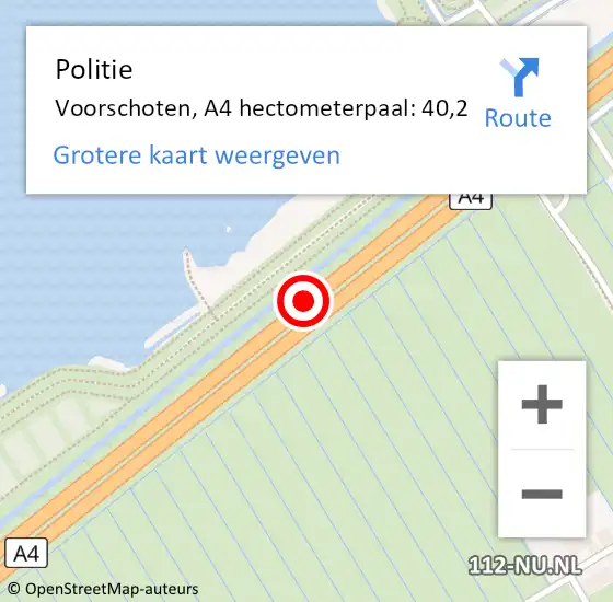 Locatie op kaart van de 112 melding: Politie Voorschoten, A4 hectometerpaal: 40,2 op 28 oktober 2024 16:53