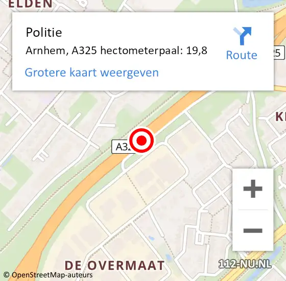 Locatie op kaart van de 112 melding: Politie Arnhem, A325 hectometerpaal: 19,8 op 28 oktober 2024 17:37