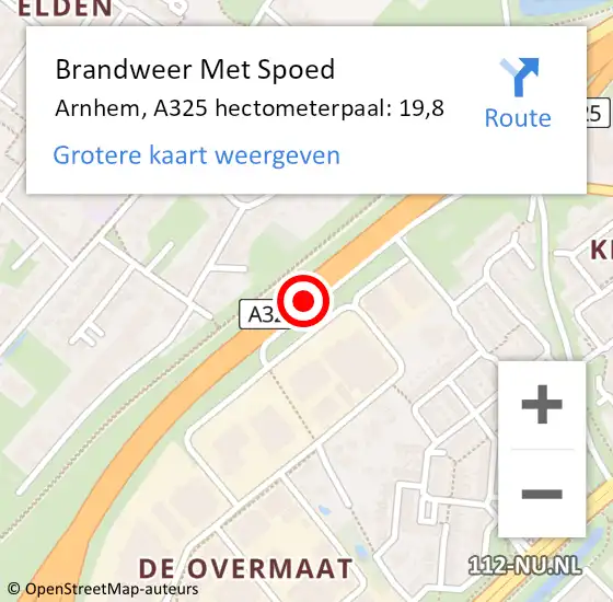 Locatie op kaart van de 112 melding: Brandweer Met Spoed Naar Arnhem, A325 hectometerpaal: 19,8 op 28 oktober 2024 17:40