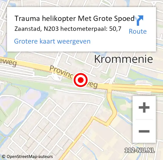 Locatie op kaart van de 112 melding: Trauma helikopter Met Grote Spoed Naar Zaanstad, N203 hectometerpaal: 50,7 op 28 oktober 2024 17:53