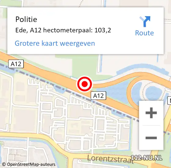 Locatie op kaart van de 112 melding: Politie Ede, A12 hectometerpaal: 103,2 op 28 oktober 2024 17:56