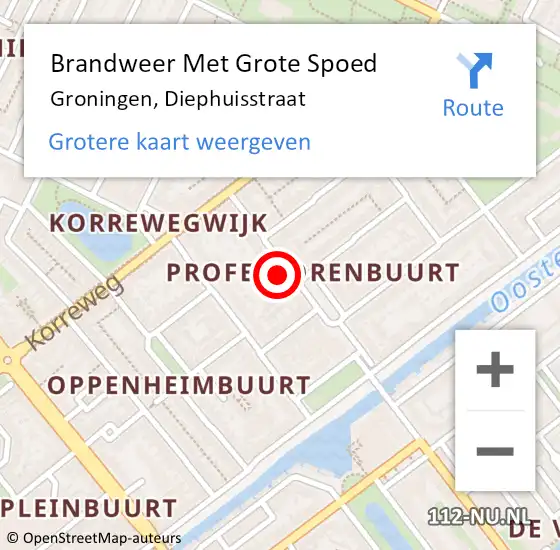 Locatie op kaart van de 112 melding: Brandweer Met Grote Spoed Naar Groningen, Diephuisstraat op 28 oktober 2024 20:10