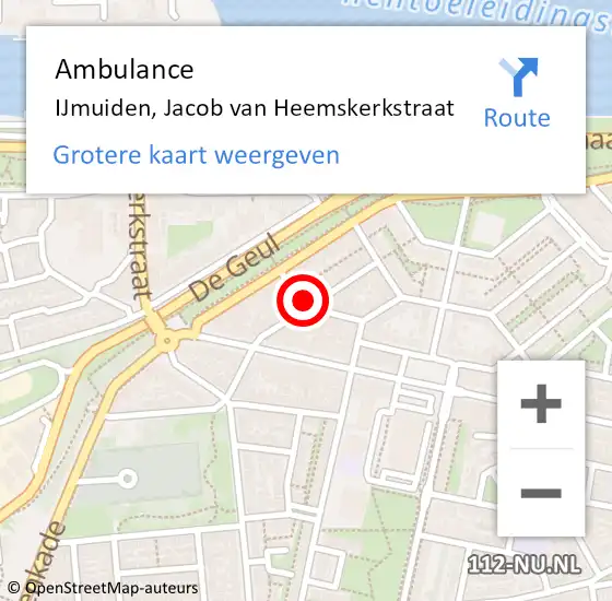 Locatie op kaart van de 112 melding: Ambulance IJmuiden, Jacob van Heemskerkstraat op 28 oktober 2024 20:11