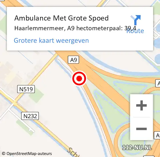 Locatie op kaart van de 112 melding: Ambulance Met Grote Spoed Naar Haarlemmermeer, A9 hectometerpaal: 39,4 op 28 oktober 2024 20:20