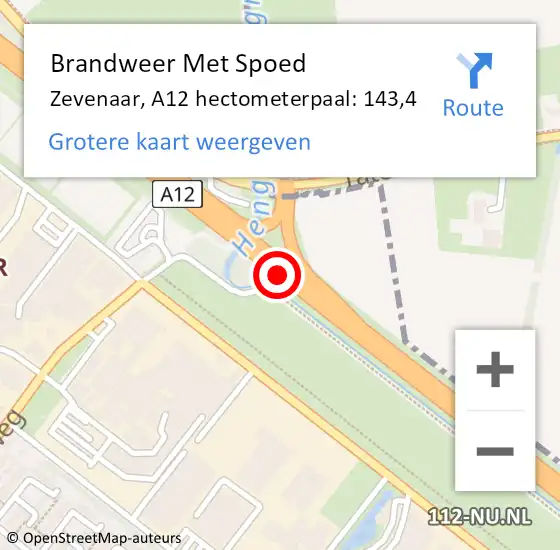 Locatie op kaart van de 112 melding: Brandweer Met Spoed Naar Zevenaar, A12 hectometerpaal: 143,4 op 28 oktober 2024 20:25