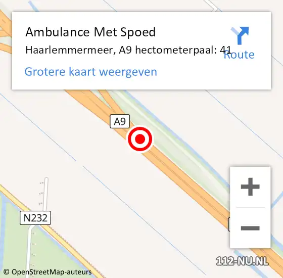 Locatie op kaart van de 112 melding: Ambulance Met Spoed Naar Haarlemmermeer, A9 hectometerpaal: 41 op 28 oktober 2024 20:54