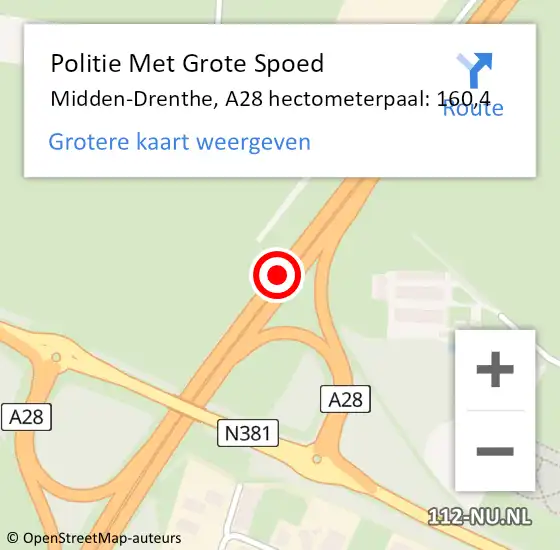 Locatie op kaart van de 112 melding: Politie Met Grote Spoed Naar Midden-Drenthe, A28 hectometerpaal: 160,4 op 28 oktober 2024 21:20