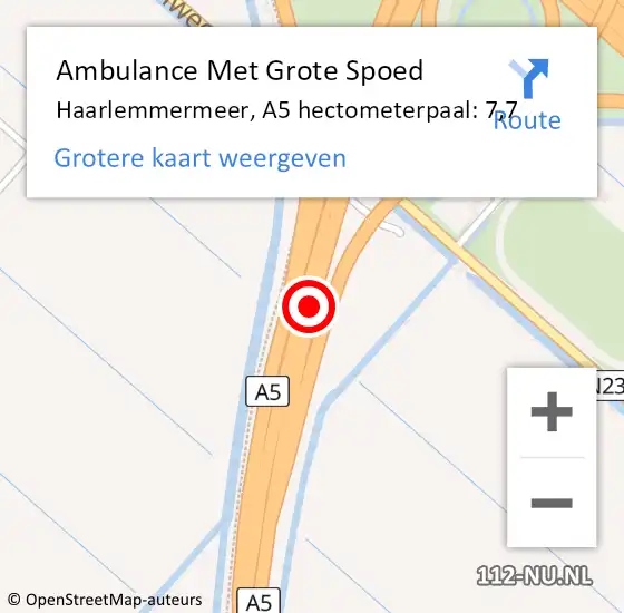 Locatie op kaart van de 112 melding: Ambulance Met Grote Spoed Naar Haarlemmermeer, A5 hectometerpaal: 7,7 op 28 oktober 2024 21:50