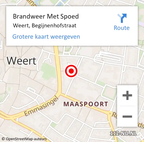 Locatie op kaart van de 112 melding: Brandweer Met Spoed Naar Weert, Begijnenhofstraat op 28 oktober 2024 22:04