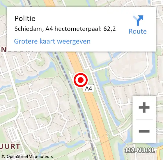 Locatie op kaart van de 112 melding: Politie Schiedam, A4 hectometerpaal: 62,2 op 29 oktober 2024 03:46