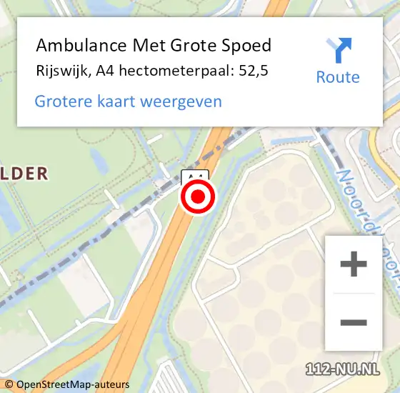 Locatie op kaart van de 112 melding: Ambulance Met Grote Spoed Naar Rijswijk, A4 hectometerpaal: 52,5 op 29 oktober 2024 07:34