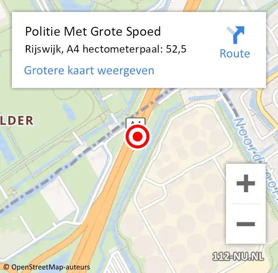 Locatie op kaart van de 112 melding: Politie Met Grote Spoed Naar Rijswijk, A4 hectometerpaal: 52,5 op 29 oktober 2024 07:41