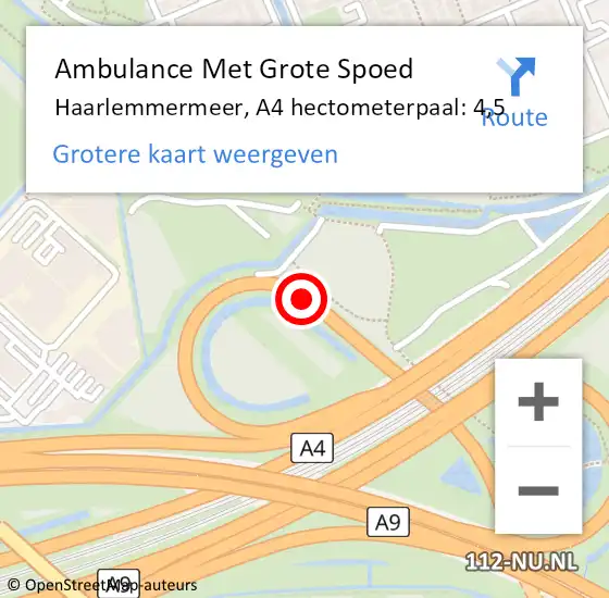 Locatie op kaart van de 112 melding: Ambulance Met Grote Spoed Naar Haarlemmermeer, A4 hectometerpaal: 4,5 op 29 oktober 2024 07:44