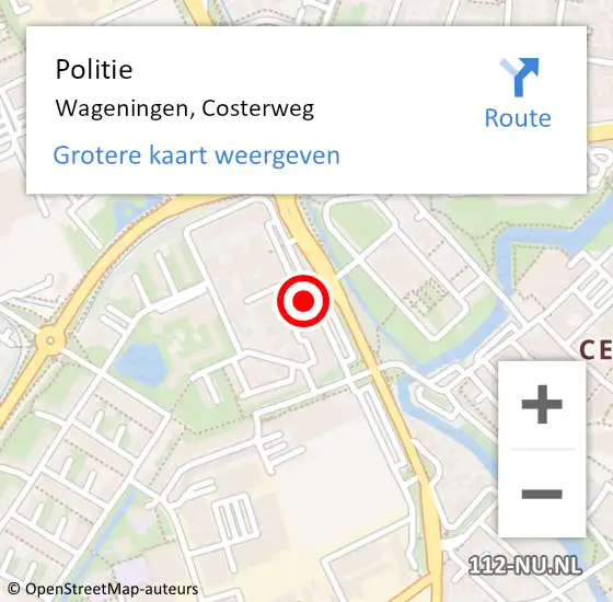 Locatie op kaart van de 112 melding: Politie Wageningen, Costerweg op 29 oktober 2024 09:57