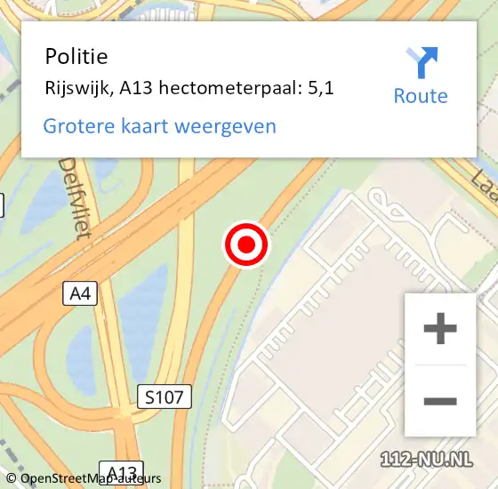 Locatie op kaart van de 112 melding: Politie Rijswijk, A13 hectometerpaal: 5,1 op 29 oktober 2024 10:09