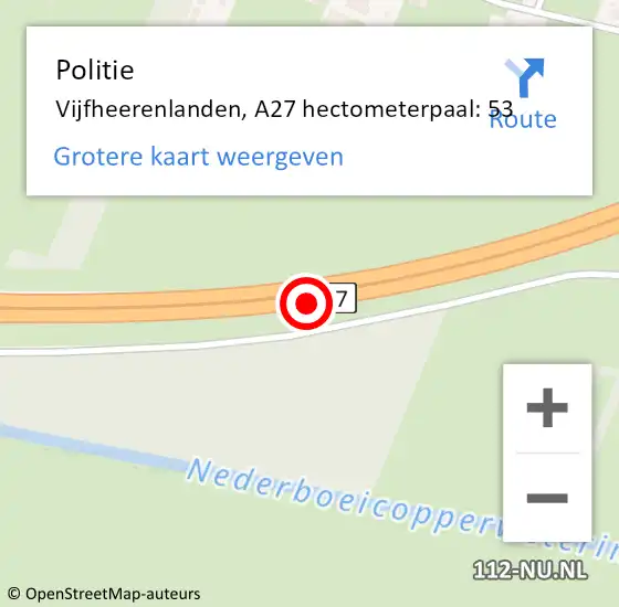 Locatie op kaart van de 112 melding: Politie Vijfheerenlanden, A27 hectometerpaal: 53 op 29 oktober 2024 11:08