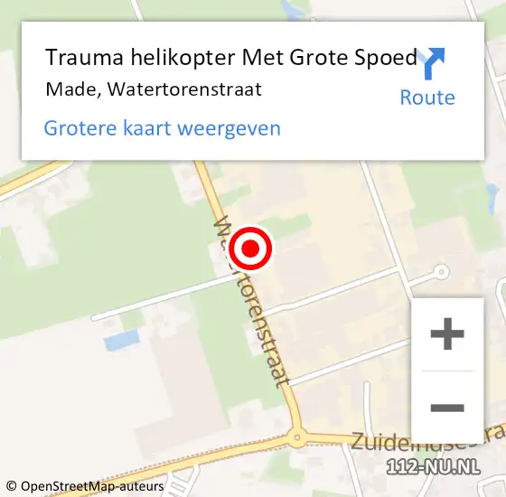 Locatie op kaart van de 112 melding: Trauma helikopter Met Grote Spoed Naar Made, Watertorenstraat op 29 oktober 2024 12:14