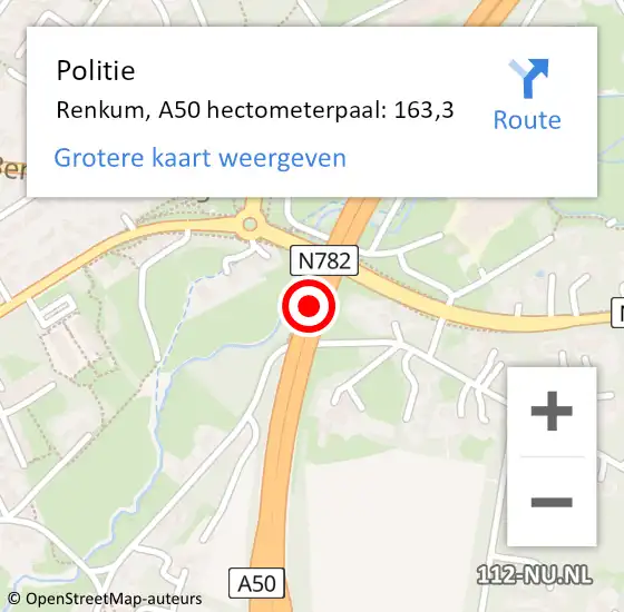 Locatie op kaart van de 112 melding: Politie Renkum, A50 hectometerpaal: 163,3 op 29 oktober 2024 12:29