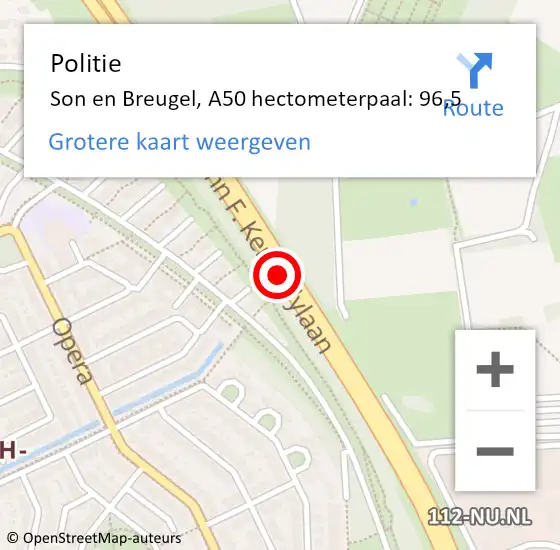 Locatie op kaart van de 112 melding: Politie Son en Breugel, A50 hectometerpaal: 96,5 op 29 oktober 2024 13:03