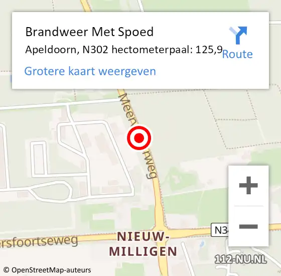 Locatie op kaart van de 112 melding: Brandweer Met Spoed Naar Apeldoorn, N302 hectometerpaal: 125,9 op 29 oktober 2024 13:30