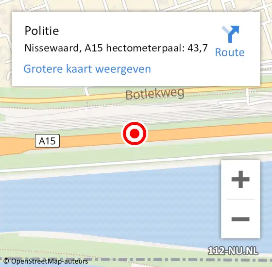 Locatie op kaart van de 112 melding: Politie Nissewaard, A15 hectometerpaal: 43,7 op 29 oktober 2024 14:03