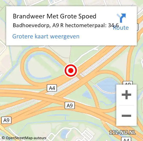 Locatie op kaart van de 112 melding: Brandweer Met Grote Spoed Naar Badhoevedorp, A9 R hectometerpaal: 34,6 op 25 oktober 2014 06:41
